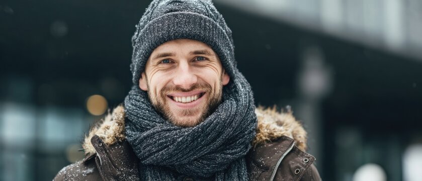 Smiling man in winter clothing outdoors portrait with neutral background