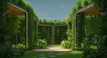 Naklejka premium A stylized green sanctuary combining lush foliage and modern architecture, designed as a creative platform for new initiatives and events ,landscape ,planting ,contemporary