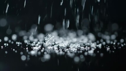 Intricate individual snowflakes slowly descending and accumulating on a smooth dark surface, macro view slowly descending, detail, winter - Powered by Adobe