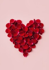 A vibrant red heart shape meticulously crafted from fresh, deep red flower petals resting on a soft background ,symbol ,isolated ,heart