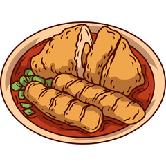 Delicious Food Dish With Fried Meat And Vegetables On A Plate With A Red Sauce And A White Background