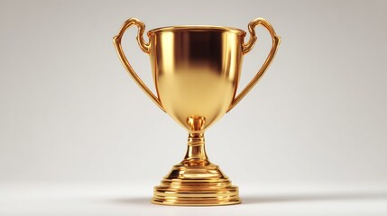 A shiny, gold trophy cup with two handles and a pedestal base, placed against a plain white background.