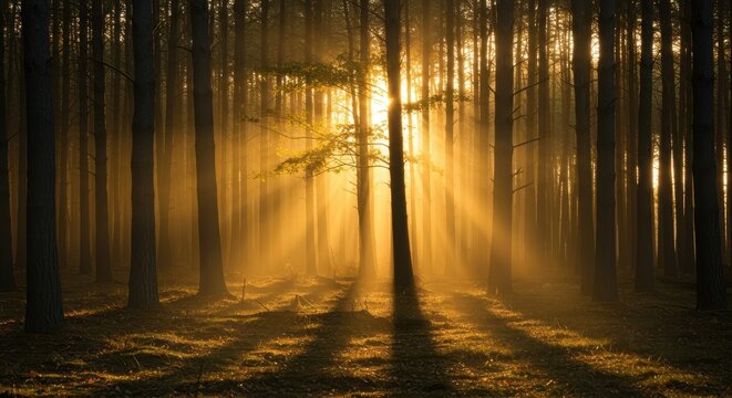 Goldenes Licht bricht durch dichten Nadelwald. Die Sonne steigt ?ber den Horizont und taucht die Baumst?mme in mystische Nebelschwaden ,Freien ,Landschaft ,Atmosph?risch