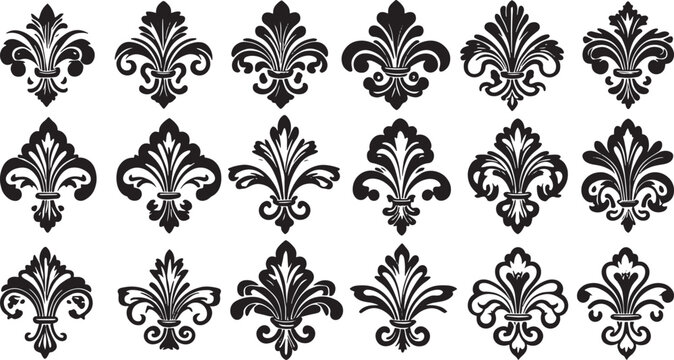 Antique Fleur-de-lis Set: 18 Detailed Vector Ornaments, Black Silhouettes, Heraldic & Floral Motifs