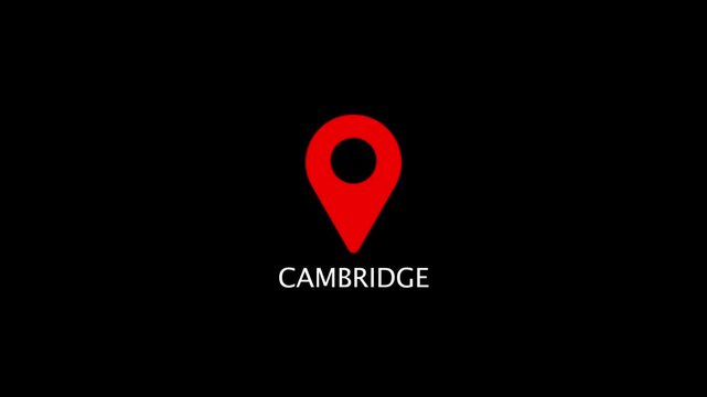 Red location pin icon with the word Cambridge centered below on a black background marker