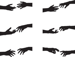 Silhouetted hands reaching out and touching in various gestures of connection and support