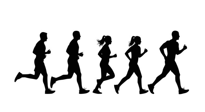Marathon runners. Running men and women, isolated vector silhouettes. Run, side view. Silhouettes of athletic looking male and female runners running. JPEG version. - Powered by Adobe