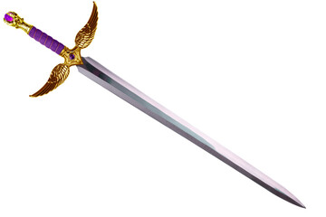 Fantasy sword disposed by diagonal, isolated on white background. Cut out.
