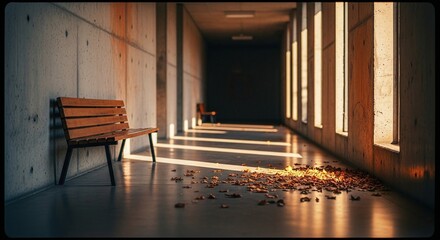 Empty Corridor with Bench and Warm Afternoon Light
