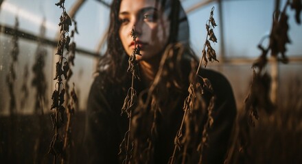 Woman Among Dried Plants in Golden Hour Light

