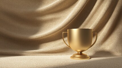 A golden trophy cup on a smooth, reflective surface with a draped fabric background.