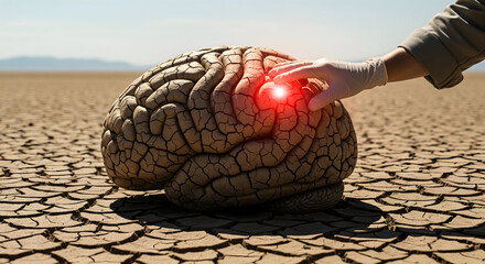 Gloved hand touches cracked human brain model in barren desert, signaling mental exhaustion or dehydration concept.