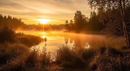 Beautiful lake sunset landscape with golden light reflection