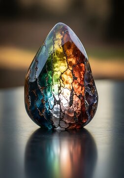 Luminous rainbow orgone gem with metallic accents, resting on a surface