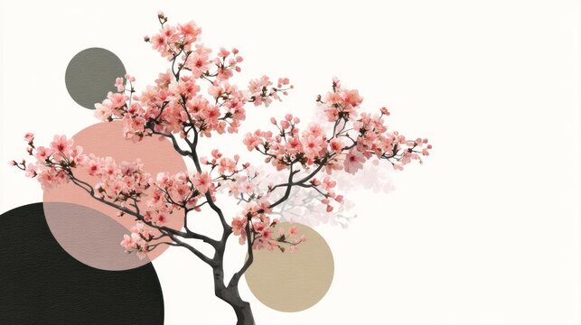 A pink cherry blossom tree with black branches and pink flowers against a white background with black and brown circles