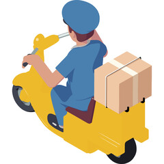 Delivery Person Riding Yellow Scooter with Package on Transparent Background Cartoon Style Isometric View