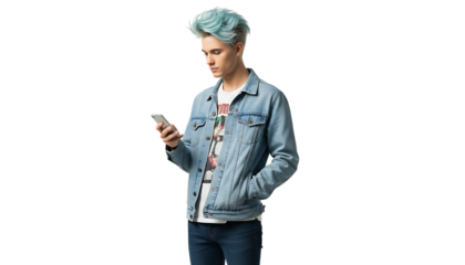 Man with blue hair looking at his phone in a denim jacket posing video 4k