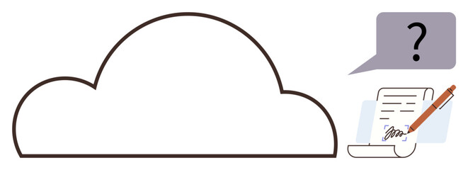 Cloud outline linked to speech bubble featuring a question mark and document with pen motif. Ideal for technology, data storage, collaboration, editing, cloud computing, digital innovation