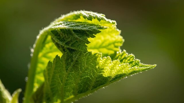 A fresh new leaf slowly unfurls in a dramatic cinematic close-up under soft, diffused natural light showcasing delicate textures detail, ecology, soft diffused natural light