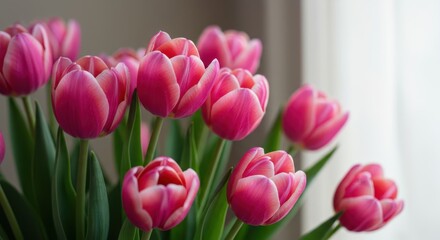 Obraz premium A gentle cluster of vibrant pink tulips captured indoors under delicate, diffused lighting, emphasizing texture and pastel tones ,celebration ,floral ,greeting