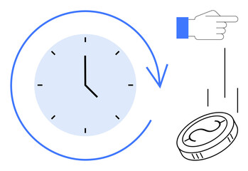 Clock with arrow indicating time flow, pointing hand, and falling coin representing choices, time value, and investment. Ideal for time, decisions, finance, opportunity productivity planning