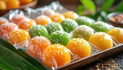 Gourmet Egyptian Basbousa Semolina Cake Assortment With Coconut Sprinkles Presented In Diamond Slices On A Dark Platter With Green Leaf Garnishes