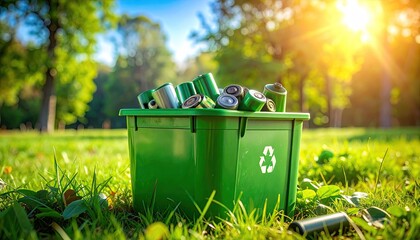 Green recycling bin overflowing with aluminum cans rests in a sun-drenched park on a bright summer day with lush green trees and grass bathed in golden sunlight.
