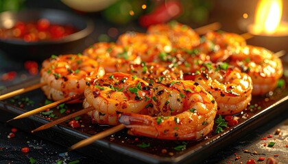Grilled Shrimp Skewers Seasoned With Herbs And Spices Served On A Black Plate With A Side Of Chili Sauce And A Candle Lit Background Close Up Food Photography