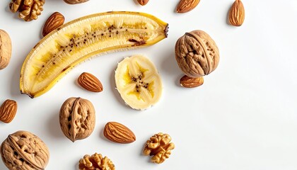 Half Banana Slice With Seeds Arranged With Walnuts And Almonds On A White Background With Natural Lighting And Hard Shadows