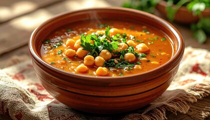 Hearty Chickpea Stew in Rustic Bowl with Fresh Parsley Garnish and Warm Sunlight