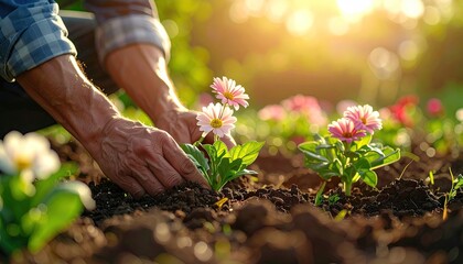 Hands Planting Pink Flowers In Rich Dark Soil During Golden Hour Sunlight With Lush Greenery In The Background