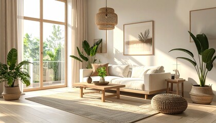 Bright living room interior with comfortable sofa and coffee table bathed in natural sunlight highlighting lush green potted plants and textured decor
