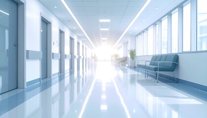 Bright Modern Hospital Corridor With Natural Light Streaming Through Windows and Blue Seating Areas