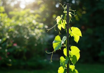 Green vine plant growing vigorously up a simple metal support frame in a sunny outdoor garden setting ,wood ,vibrant ,detail