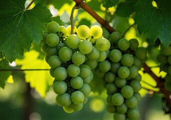 Lush cluster of vibrant green wine grapes hanging heavy on the vine under bright summer sunlight, signifying the perfect time for harvest ,nature ,viticulture ,traditional