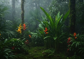 Lush tropical vegetation and exotic flowers thriving in the humid, misty environment of a dense jungle ecosystem. Vivid green growth and vibrant floral tones ,pattern ,mist ,close up