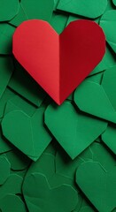 Single vibrant red paper heart resting atop a bed of many folded green paper hearts, symbolizing unique love and support ,heart ,folded ,metaphor