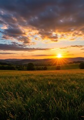 Serene and vibrant natural landscape featuring a warm summer sunset over lush rolling hills, glowing fields, and beautiful tranquil light ,sunset ,tranquil ,field