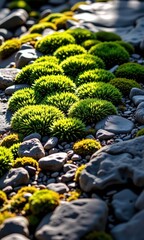 Soft sunlight illuminates a vibrant green moss carpet covering a rough rock texture, nature, detailed