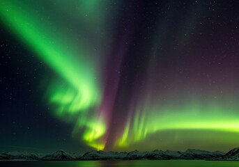 Spectacular vibrant green and magenta aurora borealis beams dramatically surge and ascend across the cold arctic night sky over distant snowy peaks ,astronomy ,space ,arctic