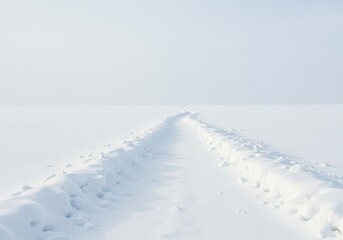 The harsh beauty of a frozen, wild, white expanse. Deep snow blankets the ground, stretching toward a pale horizon in the cold light ,powder ,expansive ,wild