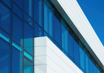 Striking contemporary architectural detail featuring repeating geometric patterns in bright blue and clean white glass on a sleek, modern exterior wall ,sharp ,exterior ,background