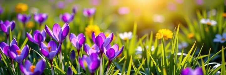 Vibrant purple crocus flowers bloom in a sun-drenched meadow, signaling the arrival of spring, outdoor photography, purple crocus