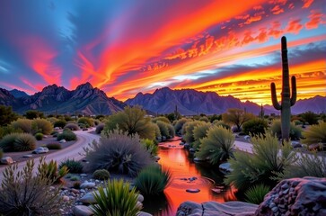 Vibrant Arizona sunset paints Red Mountain and the Salt River in fiery hues, sunset, golden hour