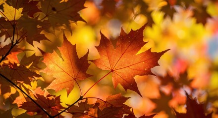 Vibrant golden and red maple leaves illuminated by warm afternoon sun, creating a stunning visual display of seasonal color and texture ,red ,nature ,glow