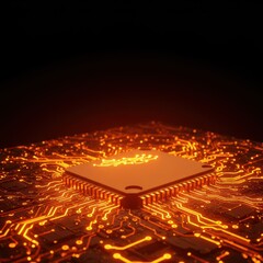 Vibrant orange energy flows across interconnected microchips, symbolizing powerful digital intelligence and future technology ,cyber ,microchip ,innovation