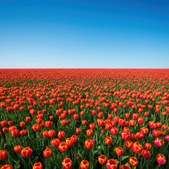 Vibrant spring flowers blanket a wide open field under a clear, bright cerulean blue sky. Peaceful natural scene and rural landscape ,outdoors ,blossom ,beauty