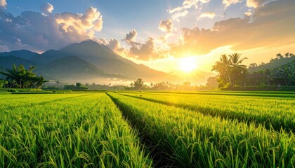 Golden Sunbeams Illuminate Lush Green Rice Paddies in a Tropical Landscape During Sunrise With Distant Mountains and Village Huts