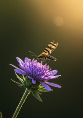 A colorful winged insect gently rests upon a vibrant purple springtime blossom bathed in warm morning light, symbolizing renewal and natural beauty ,springtime ,transformation ,insect