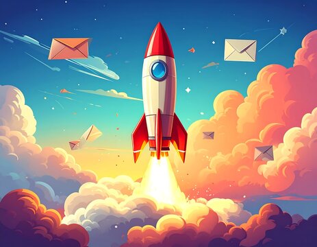 Animated rocket soaring through a colorful, cloud-filled sky with envelopes